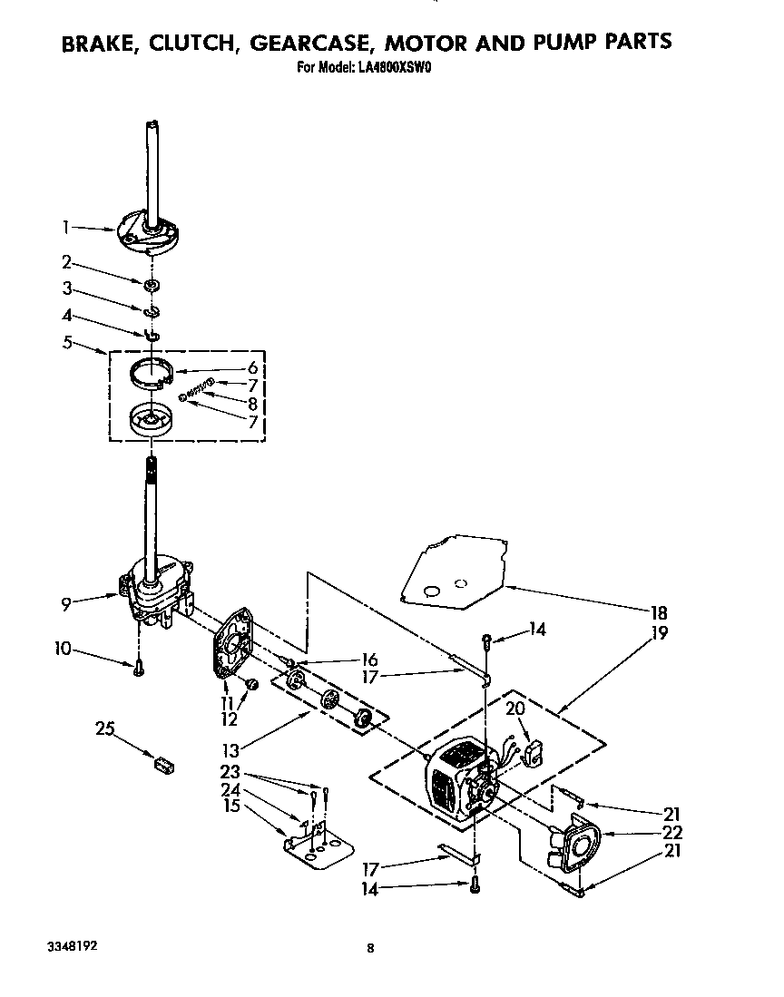 Whirlpool LA4800XSW0 brake, clutch, gearcase, motor and pump diagram