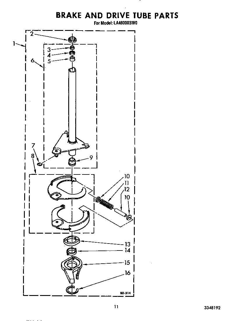 Whirlpool LA4800XSW0 brake and drive tube diagram