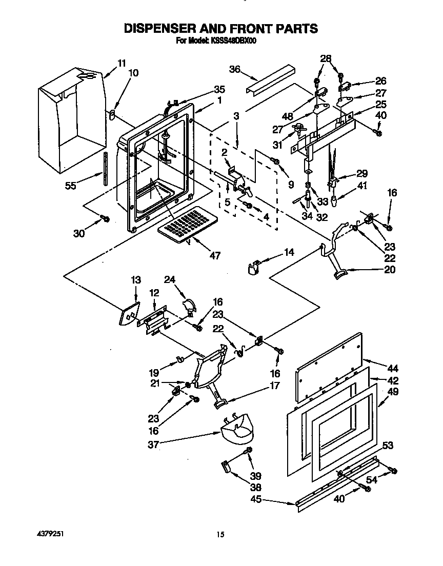 KitchenAid KSSS48DBX00 dispenser and front diagram