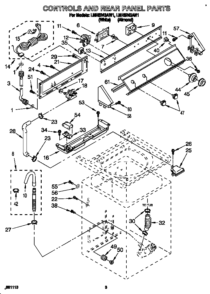 Whirlpool LMR5243AW1 controls and rear panel diagram