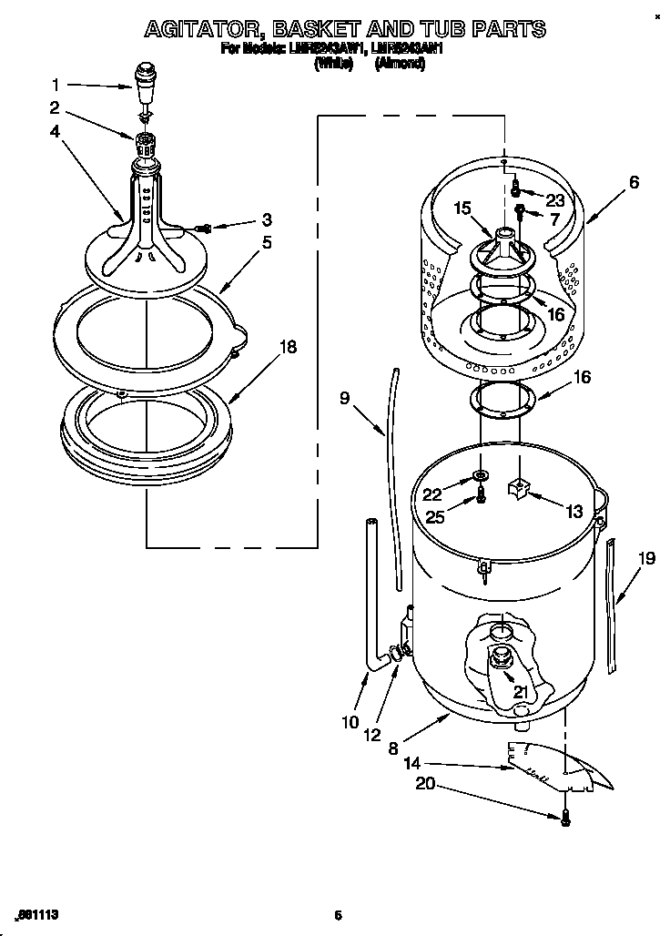 Whirlpool LMR5243AW1 agitator, basket and tub diagram