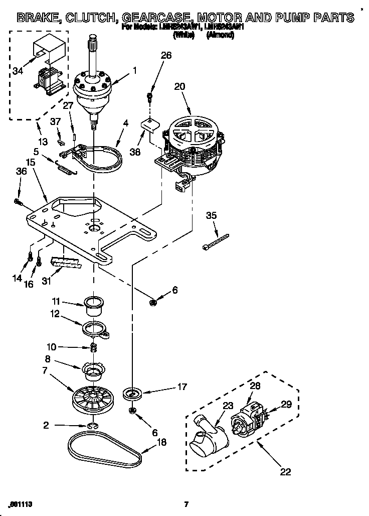 Whirlpool LMR5243AW1 brake, clutch, gearcase, motor and pump diagram