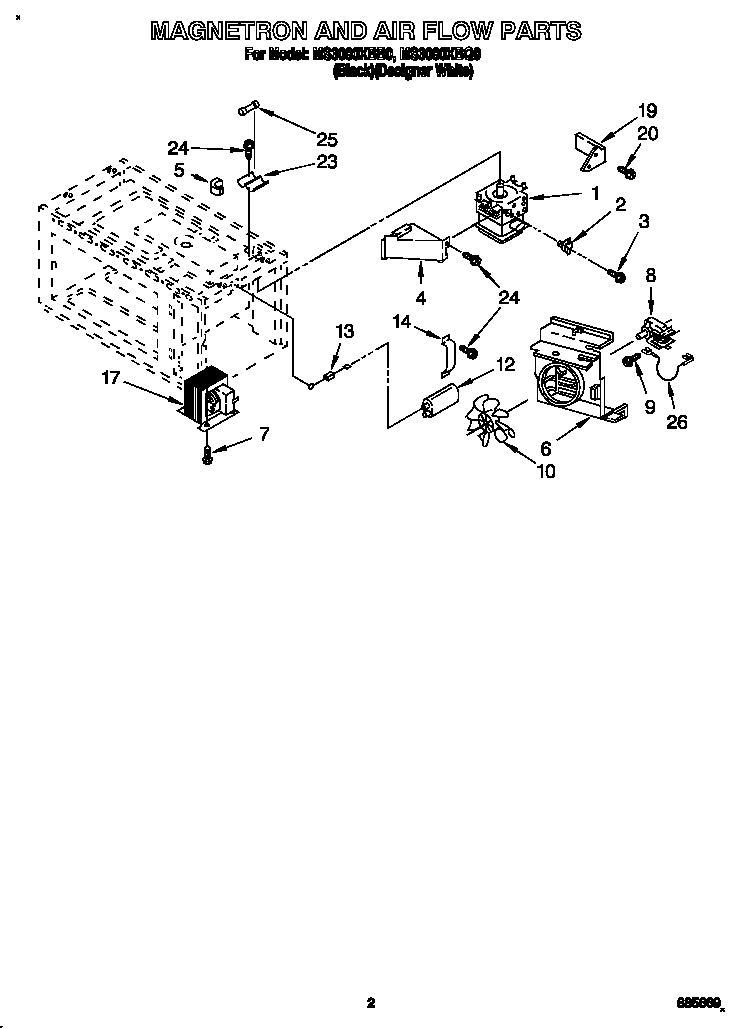 Whirlpool MS3080XBQ0 magnetron and air flow diagram