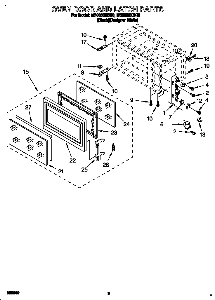 Whirlpool MS3080XBQ0 oven door and latch diagram