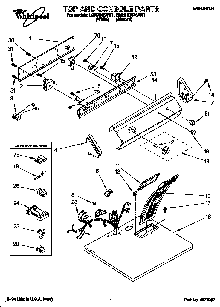 Whirlpool LGR7646AW1 top and console diagram