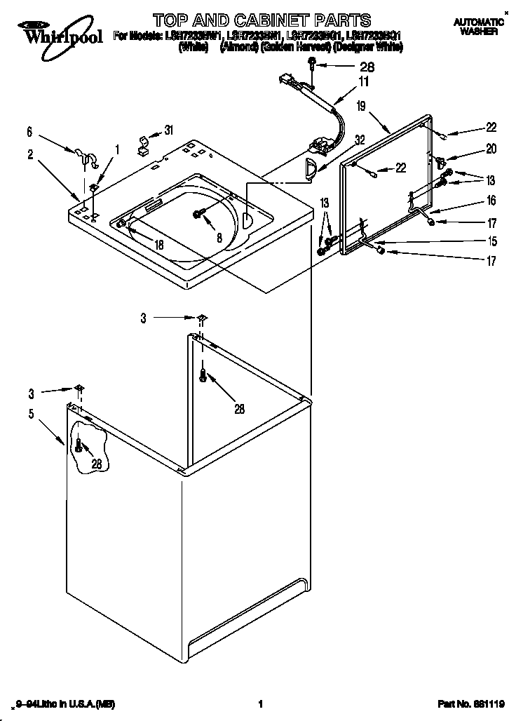 Whirlpool LSR7233BN1 top and cabinet diagram