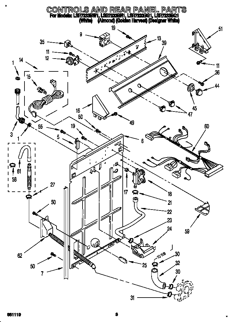 Whirlpool LSR7233BN1 controls and rear panel diagram