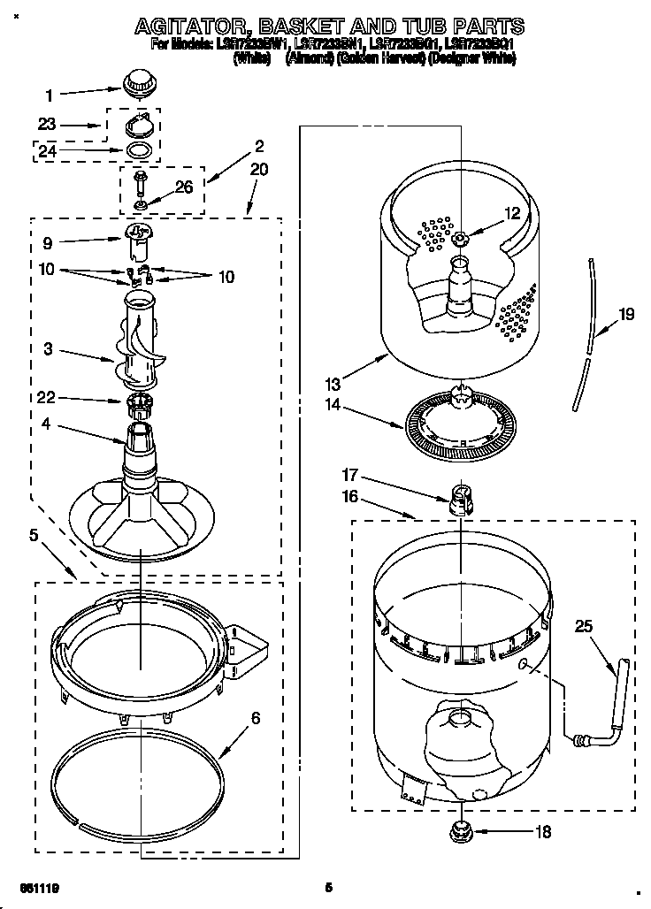 Whirlpool LSR7233BN1 agitator, basket and tub diagram