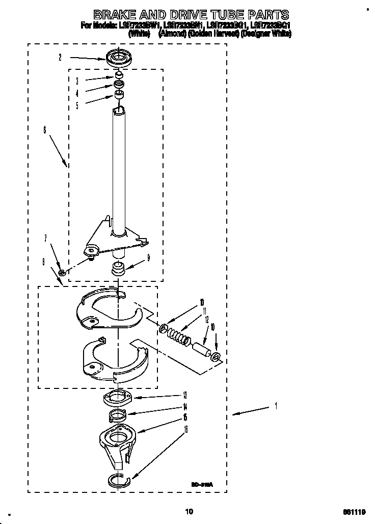 Whirlpool LSR7233BN1 brake and drive tube diagram