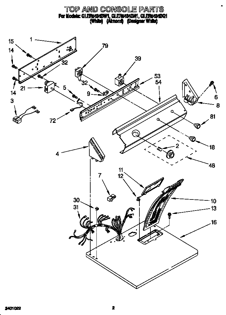 Whirlpool GLER5434BQ1 top and console diagram