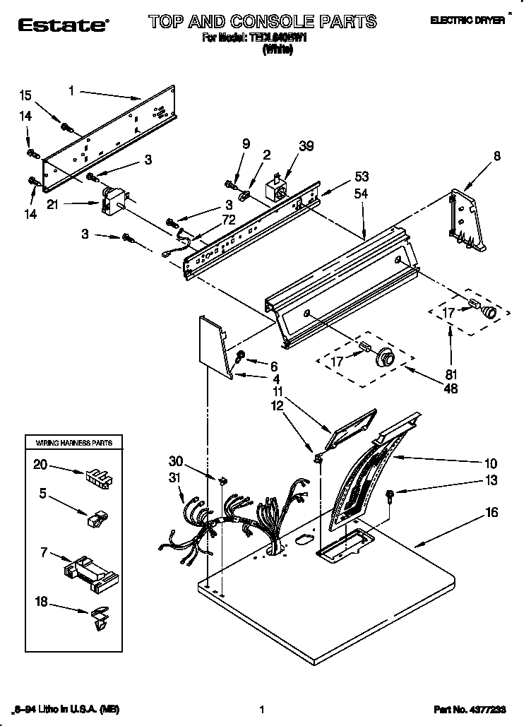 Whirlpool TEDL640BW1 top and console diagram