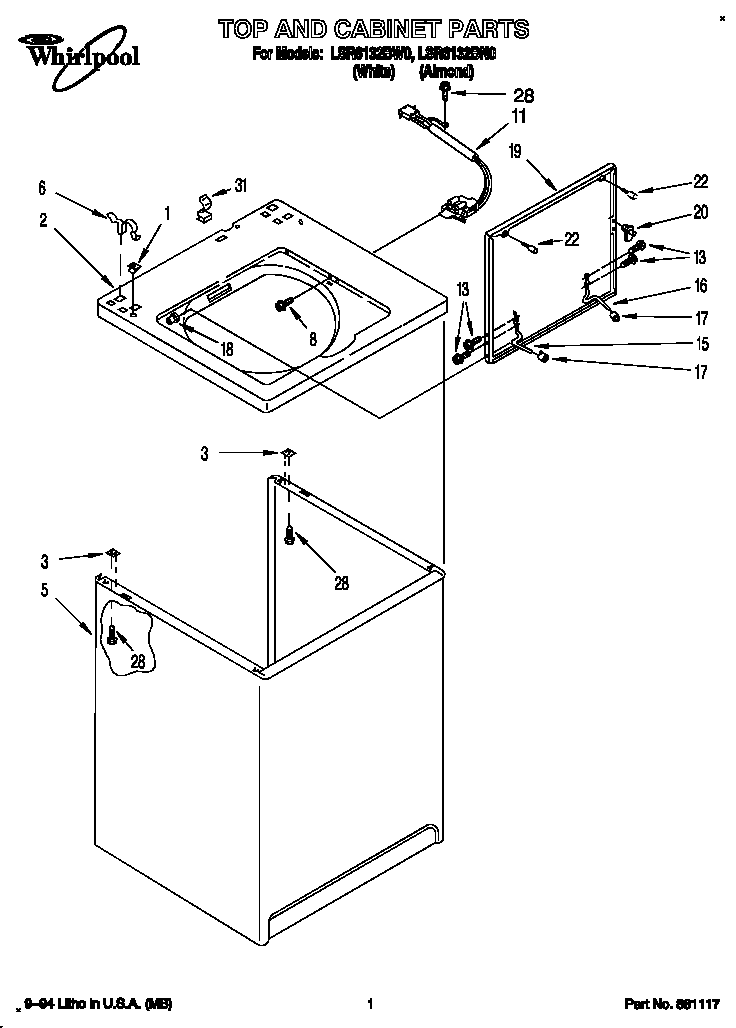 Whirlpool LSR6132BN0 top and cabinet diagram
