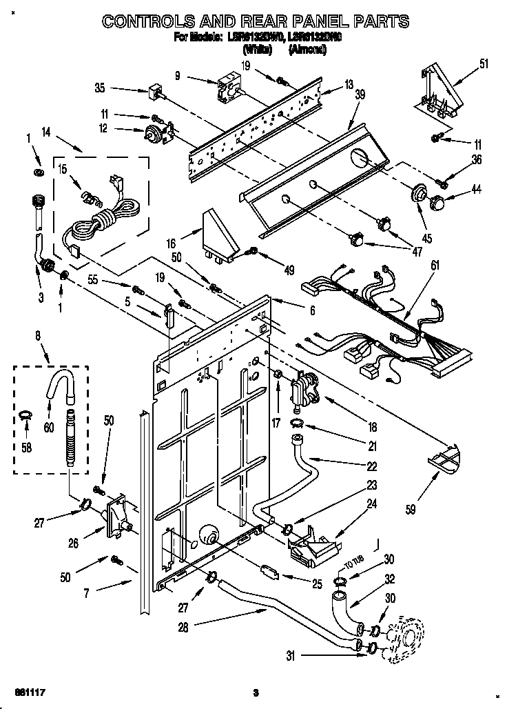 Whirlpool LSR6132BN0 controls and rear panel diagram
