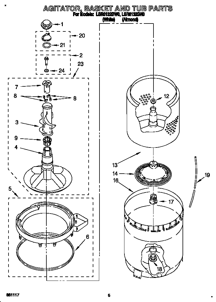 Whirlpool LSR6132BN0 agitator, basket and tub diagram