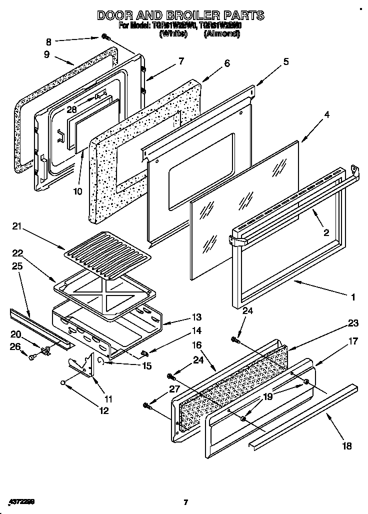 Whirlpool TGR61W2BN0 door and broiler diagram