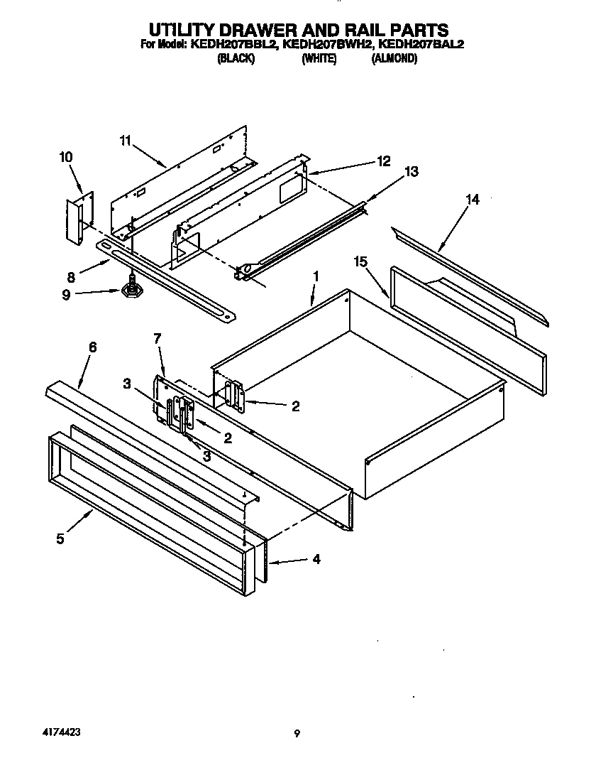 KitchenAid KEDH207BWH2 utility drawer and rail diagram