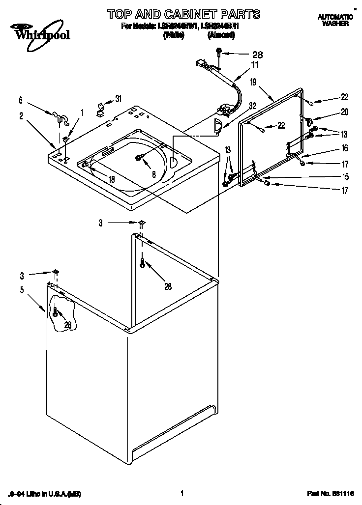 Whirlpool LSR8244BW1 top and cabinet diagram