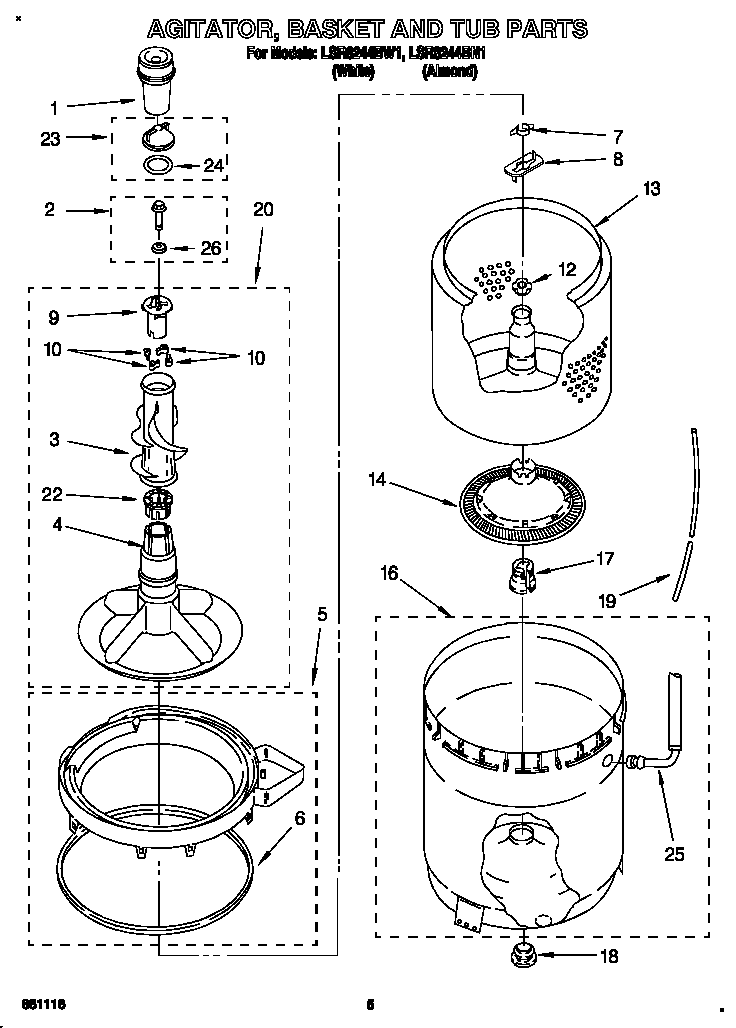 Whirlpool LSR8244BW1 agitator, basket and tub diagram