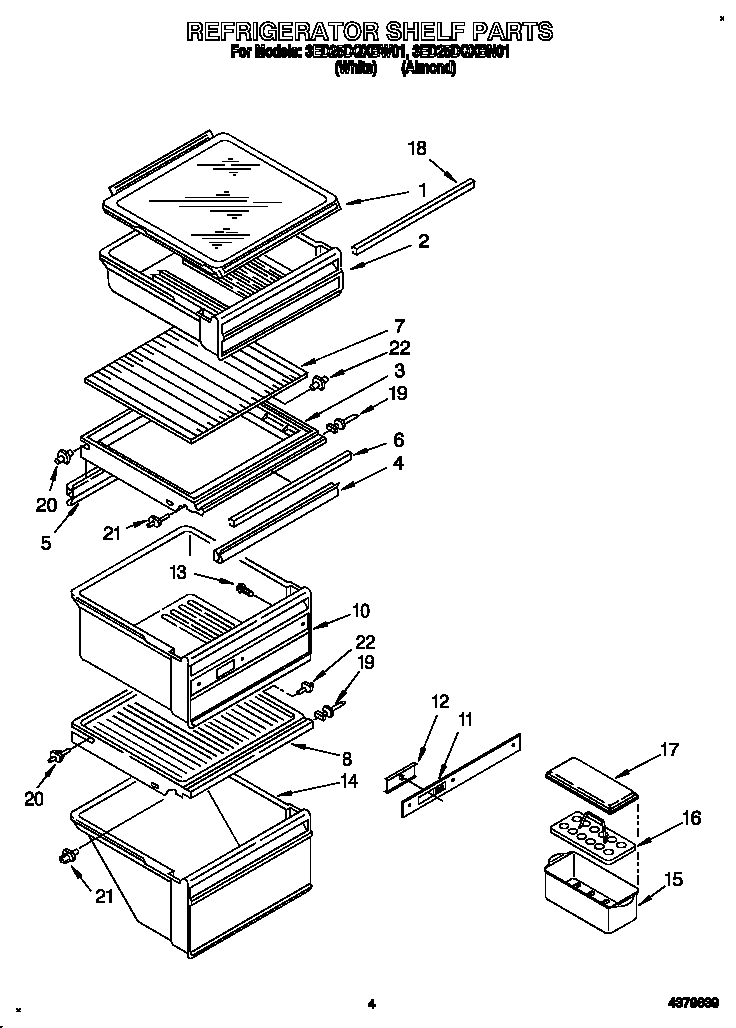 Whirlpool 3ED25DQXBW01 refrigerator shelf diagram