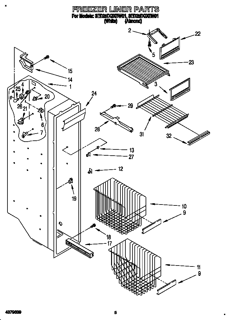 Whirlpool 3ED25DQXBW01 freezer liner diagram