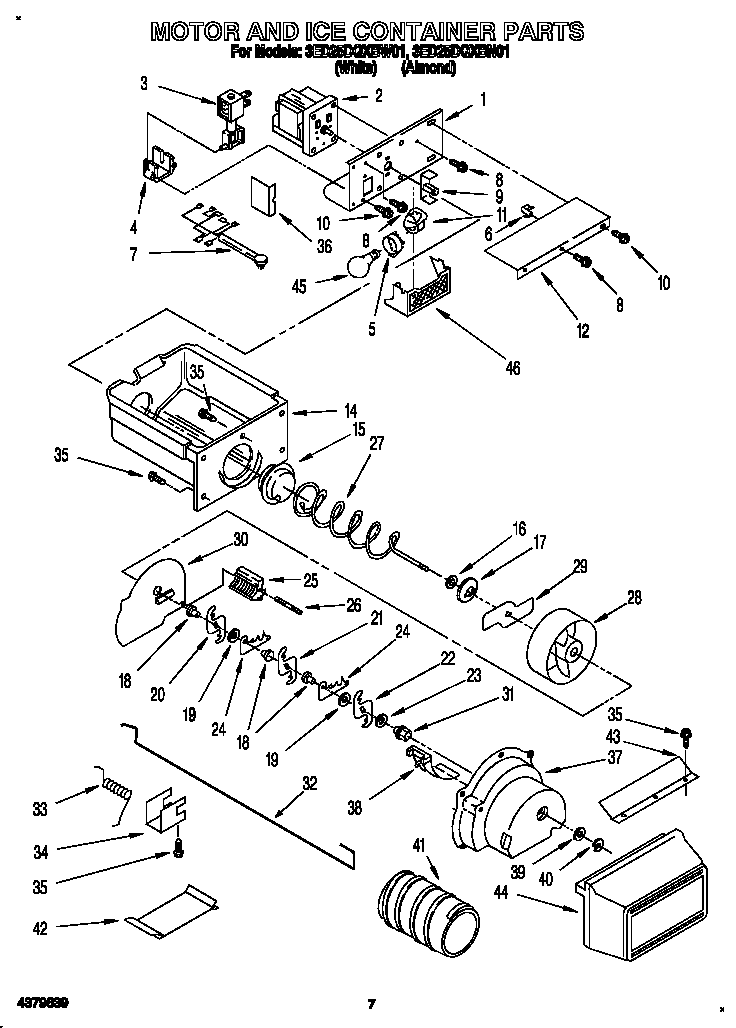 Whirlpool 3ED25DQXBW01 motor and ice container diagram