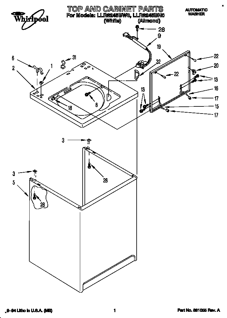 Whirlpool LLR8245BN0 top and cabinet diagram