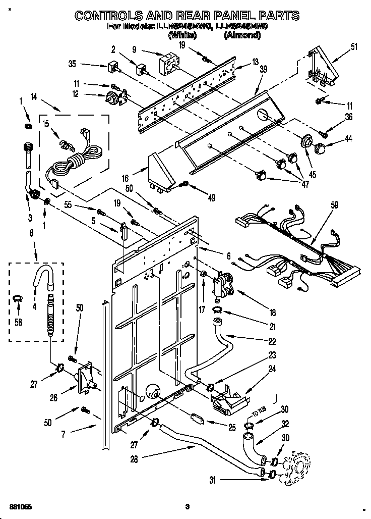 Whirlpool LLR8245BN0 controls and rear panel diagram