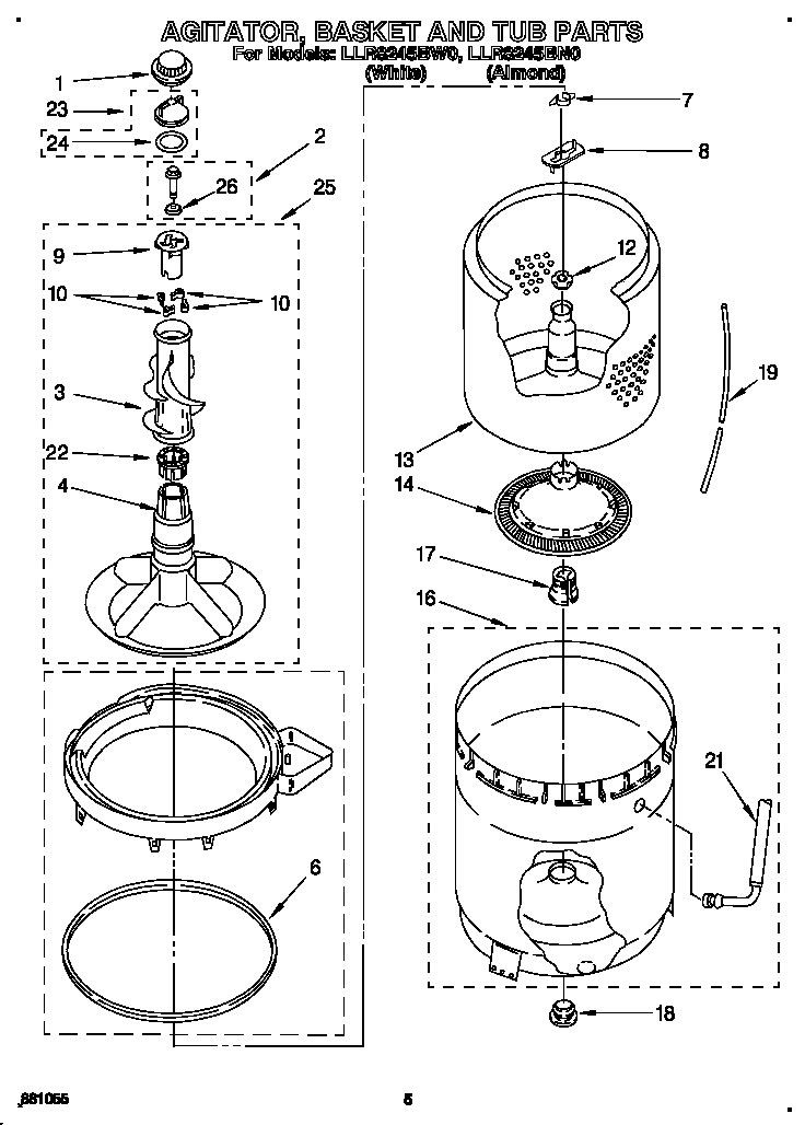 Whirlpool LLR8245BN0 agitator, basket and tub diagram