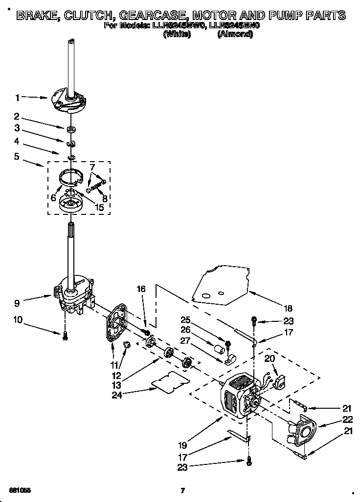 Whirlpool LLR8245BN0 brake, clutch, gearcase, motor and pump diagram