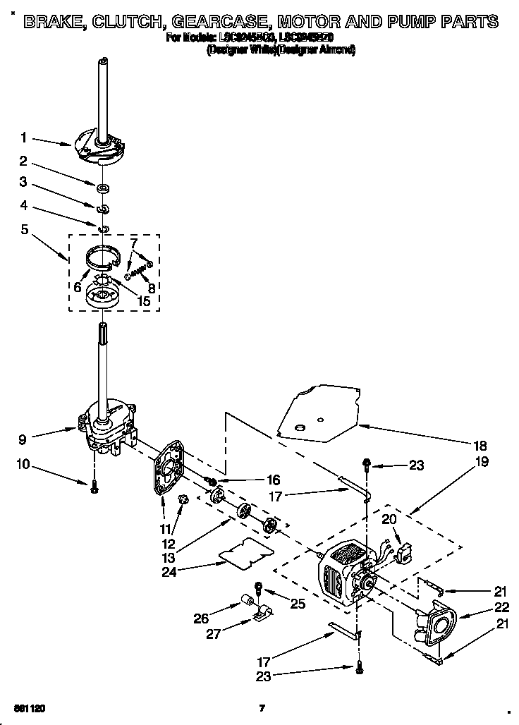 Whirlpool LSC9245BZ0 brake, clutch, gearcase, motor and pump diagram