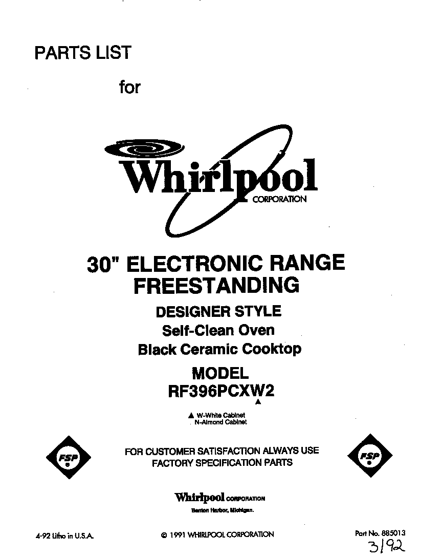 Whirlpool RF396PCXW2 front cover diagram