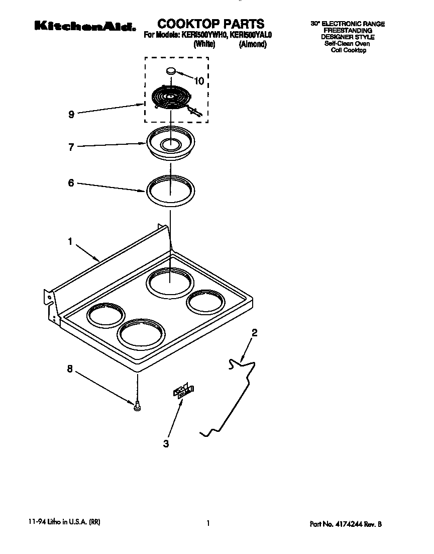 KitchenAid KERI500YWH0 cooktop diagram