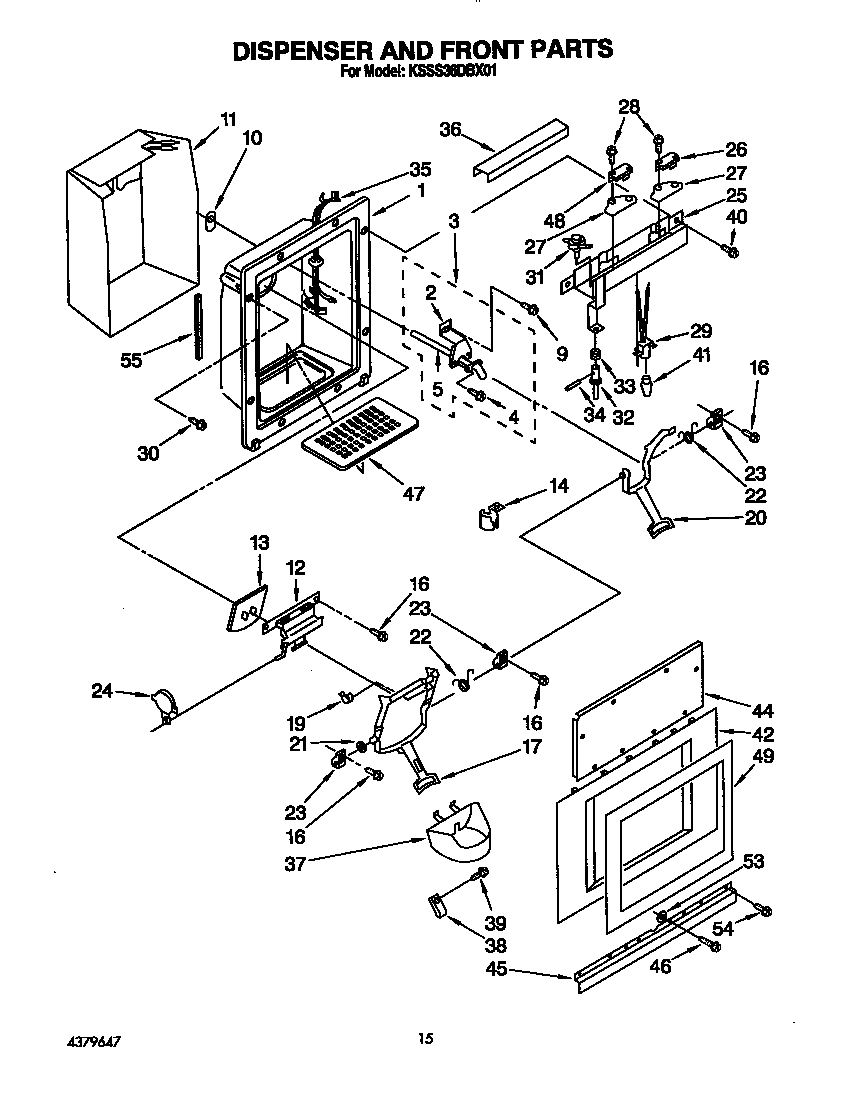 KitchenAid KSSS36DBX01 dispenser and front diagram