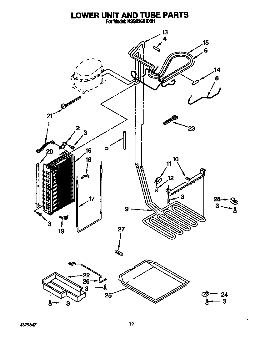 KitchenAid KSSS36DBX01 lower unit and tube diagram