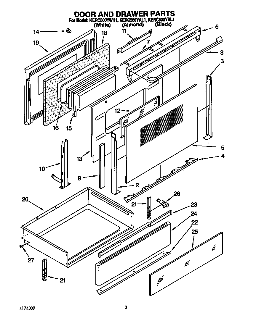 KitchenAid KERC500YAL1 door and drawer diagram