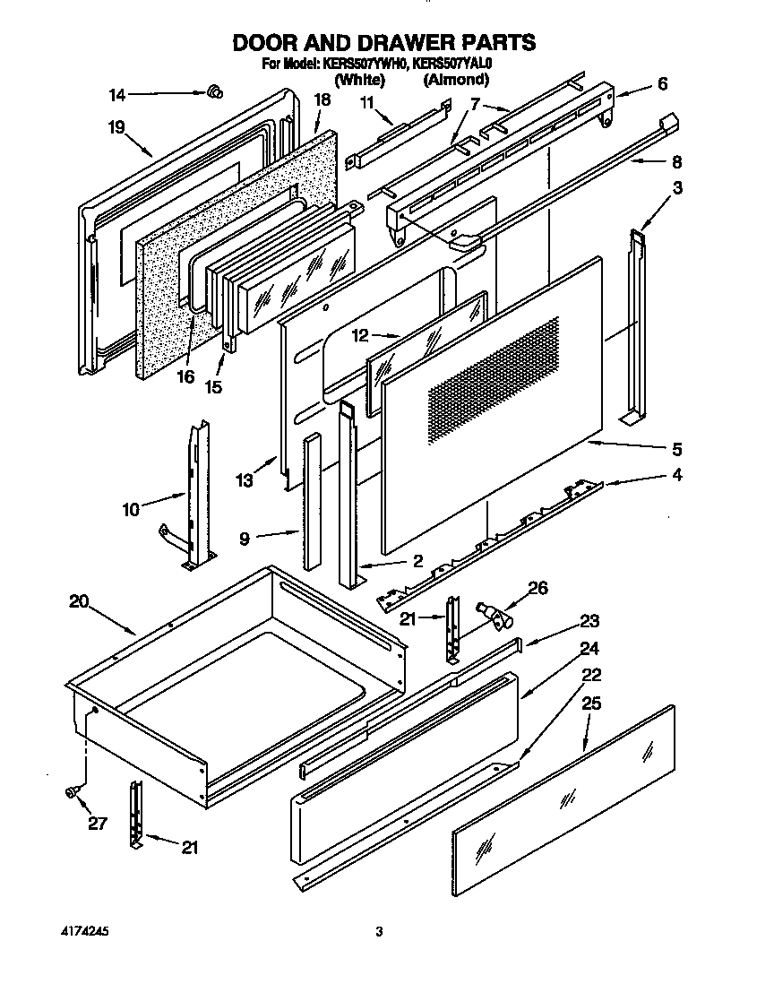 KitchenAid KERS507YWH0 door and drawer diagram