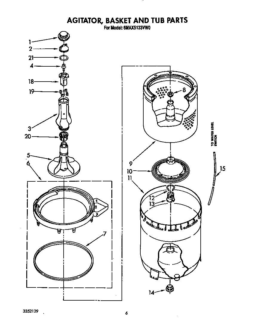 Whirlpool 6MAX5133VW0 agitator, basket and tub diagram