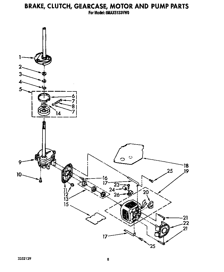 Whirlpool 6MAX5133VW0 brake, clutch, gearcase, motor and pump diagram
