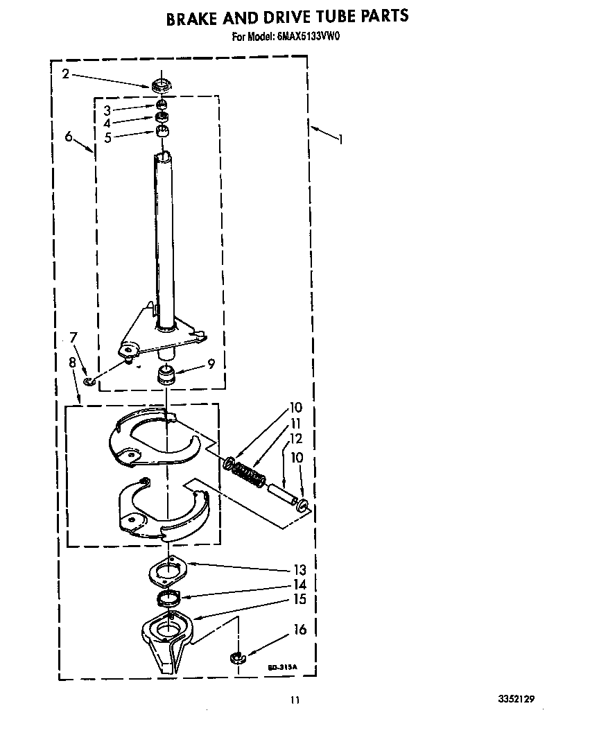 Whirlpool 6MAX5133VW0 brake and drive tube diagram
