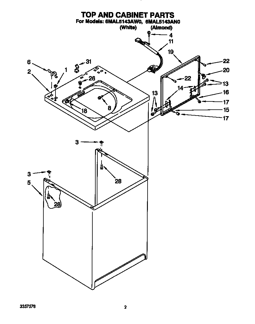 Whirlpool 6MAL5143AW0 top and cabinet diagram