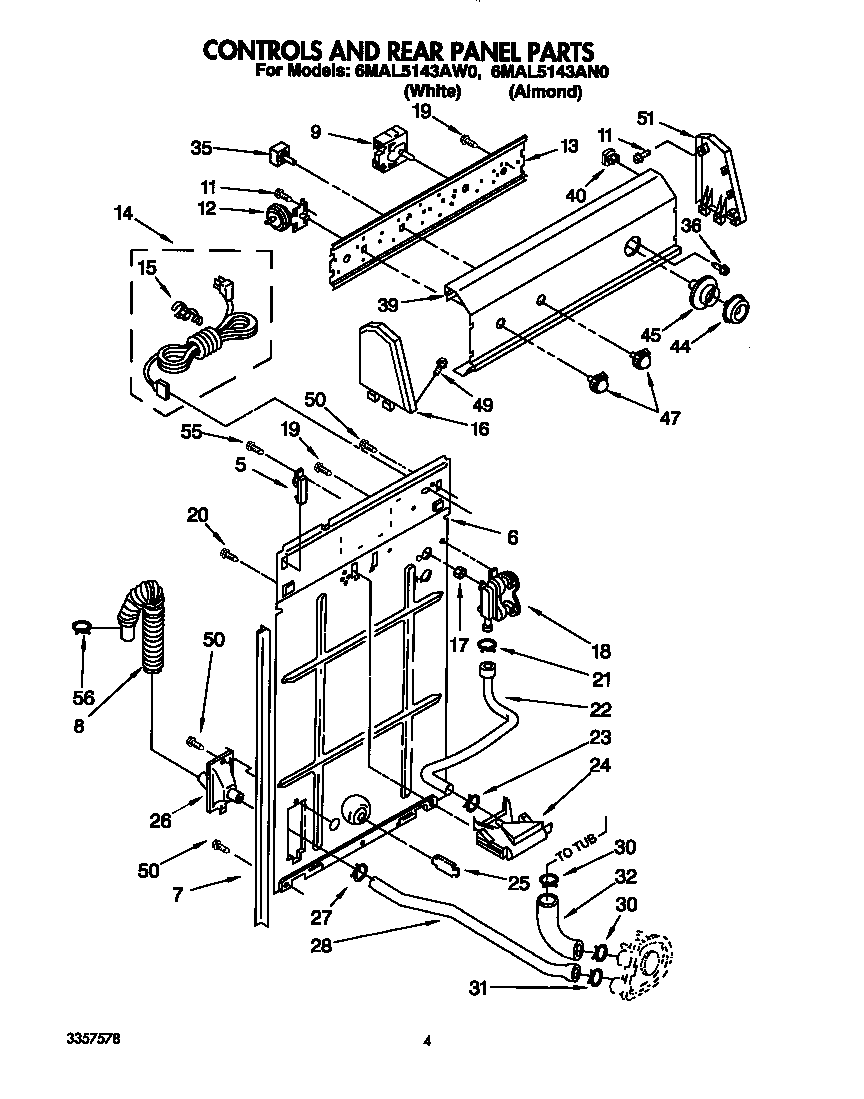 Whirlpool 6MAL5143AW0 controls and rear panel diagram