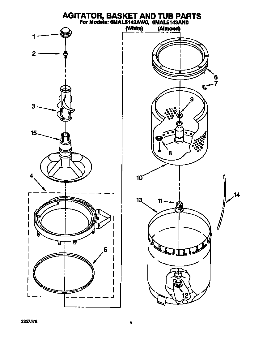 Whirlpool 6MAL5143AW0 agitator, basket and tub diagram