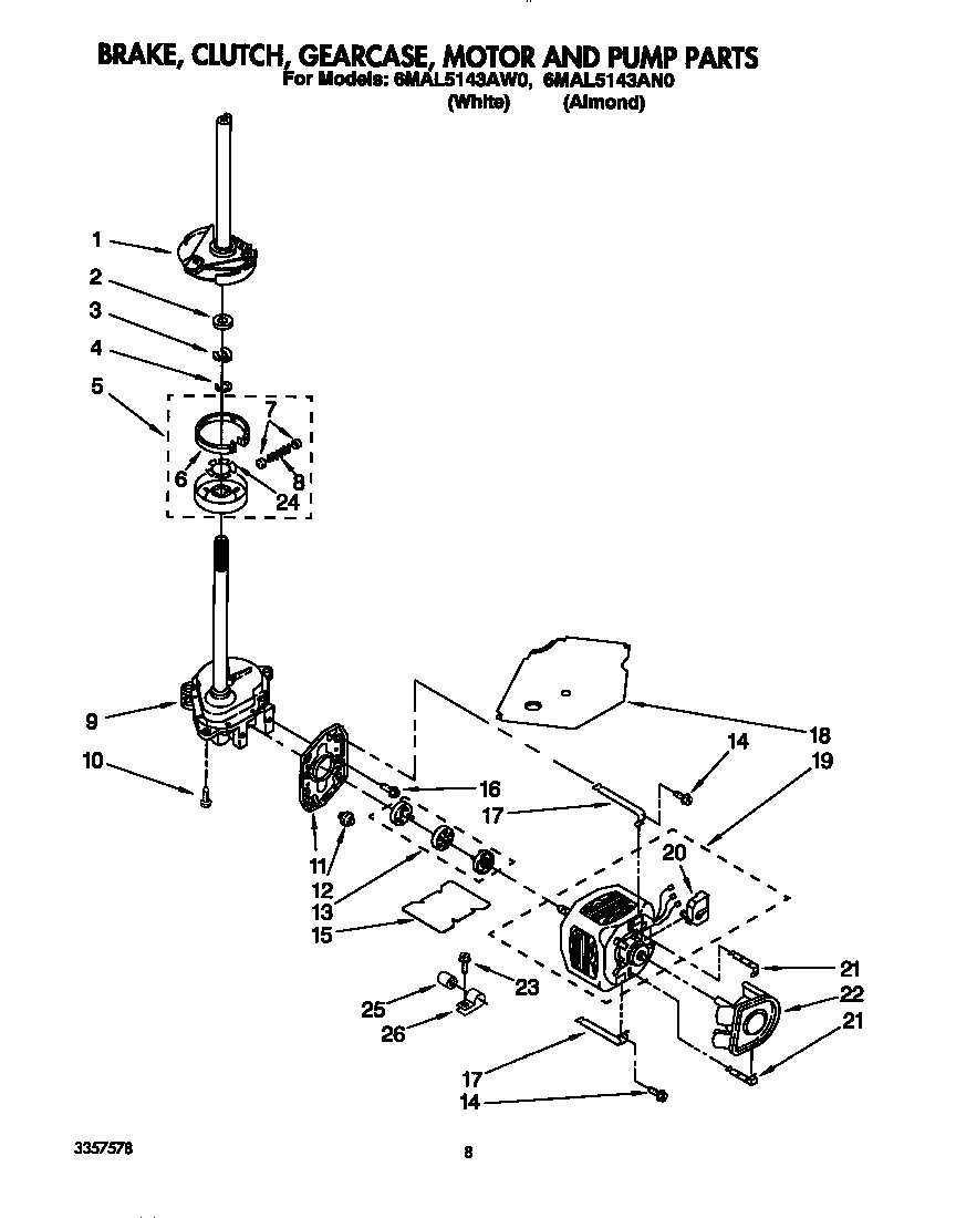 Whirlpool 6MAL5143AW0 brake, clutch, gearcase, motor and pump diagram