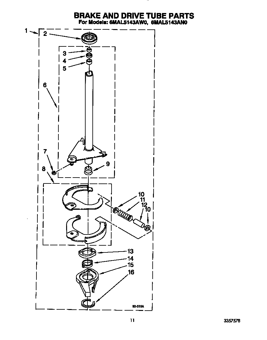 Whirlpool 6MAL5143AW0 brake and drive tube diagram