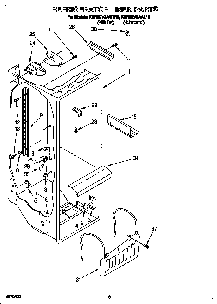KitchenAid KSRS27QAWH10 refrigerator liner diagram