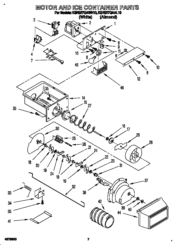 KitchenAid KSRS27QAWH10 motor and ice container diagram