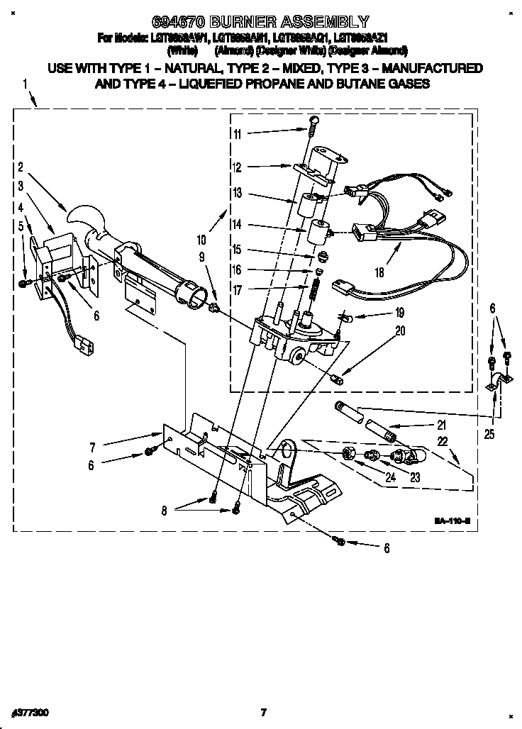 Whirlpool LGT8858AN1 694670 burner assembly diagram