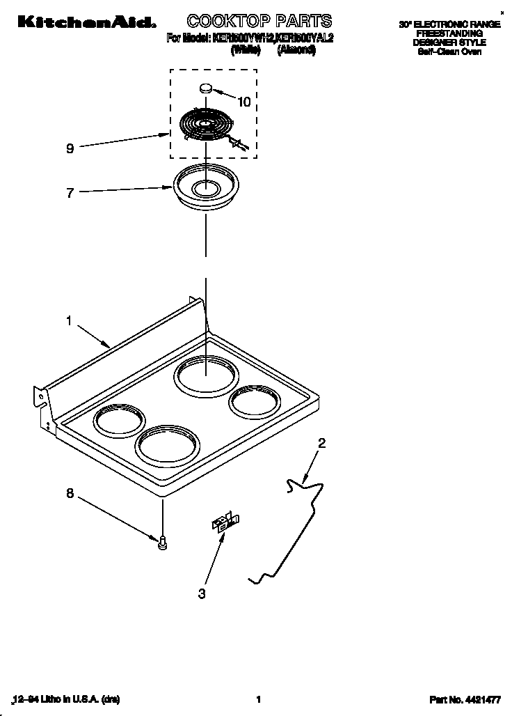 KitchenAid KERI500YWH2 cooktop diagram