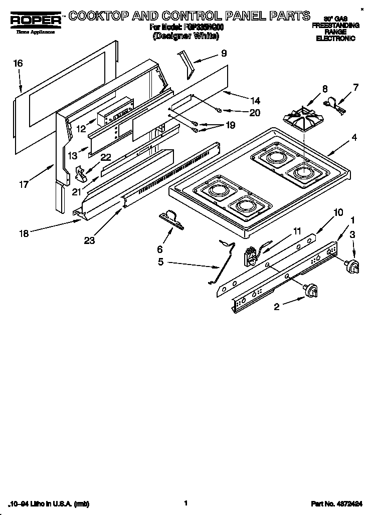 Roper FGP335BQ00 cooktop and control panel diagram