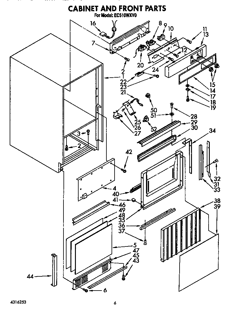 Whirlpool EC510WXV0 cabinet and front diagram